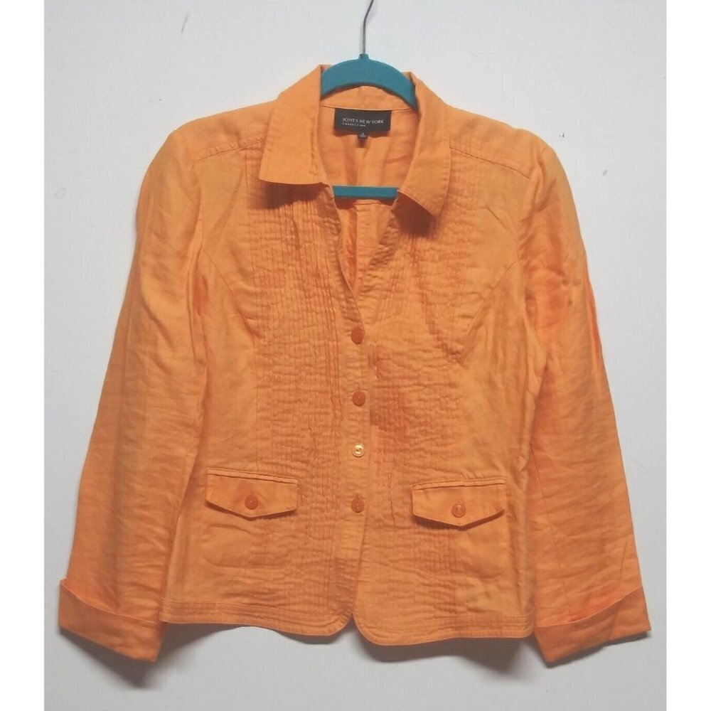 Jones New York Collection 100% Linen Shirt shacket Orange pockets Button-up Sz 6